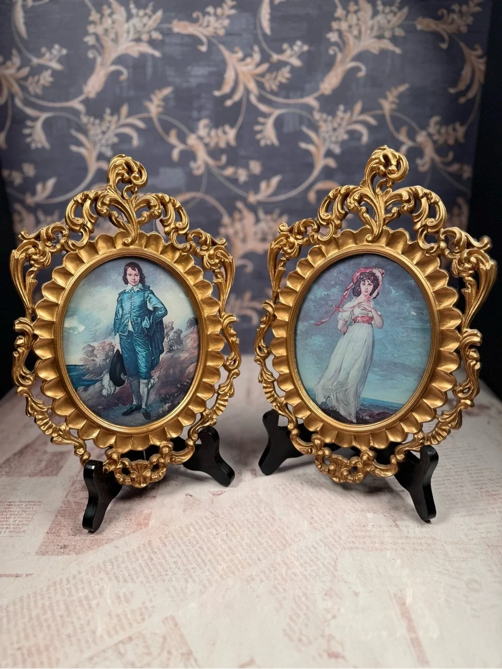 Vintage Pinky & Blue Boy Convex Print Pair Ornate Gold Tone Resin Frames